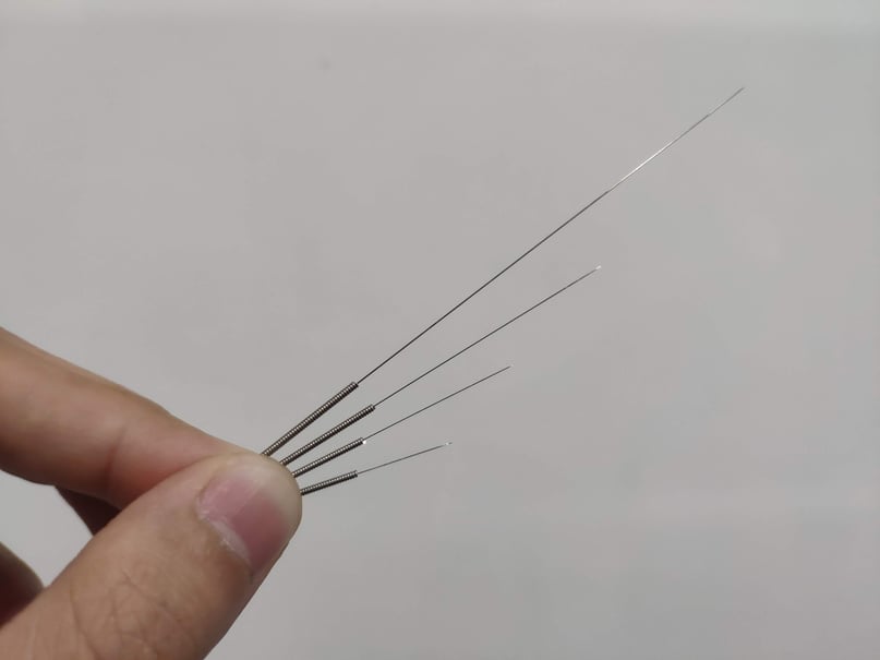 Person's Hand Holding Several Acupuncture Needles